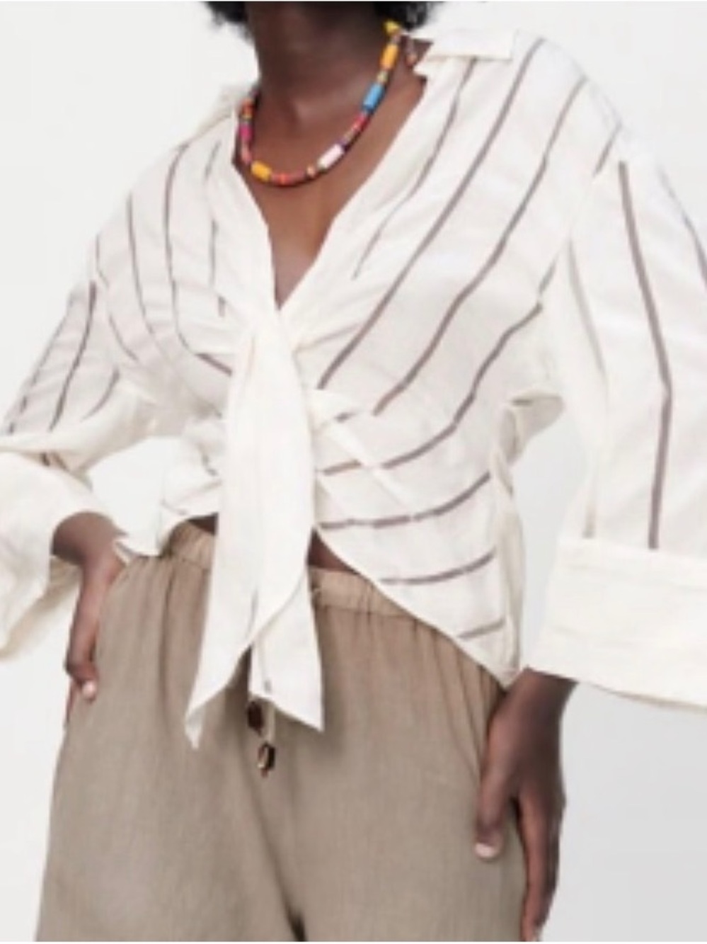Zara White Striped Tie-Front Button Down Shirt